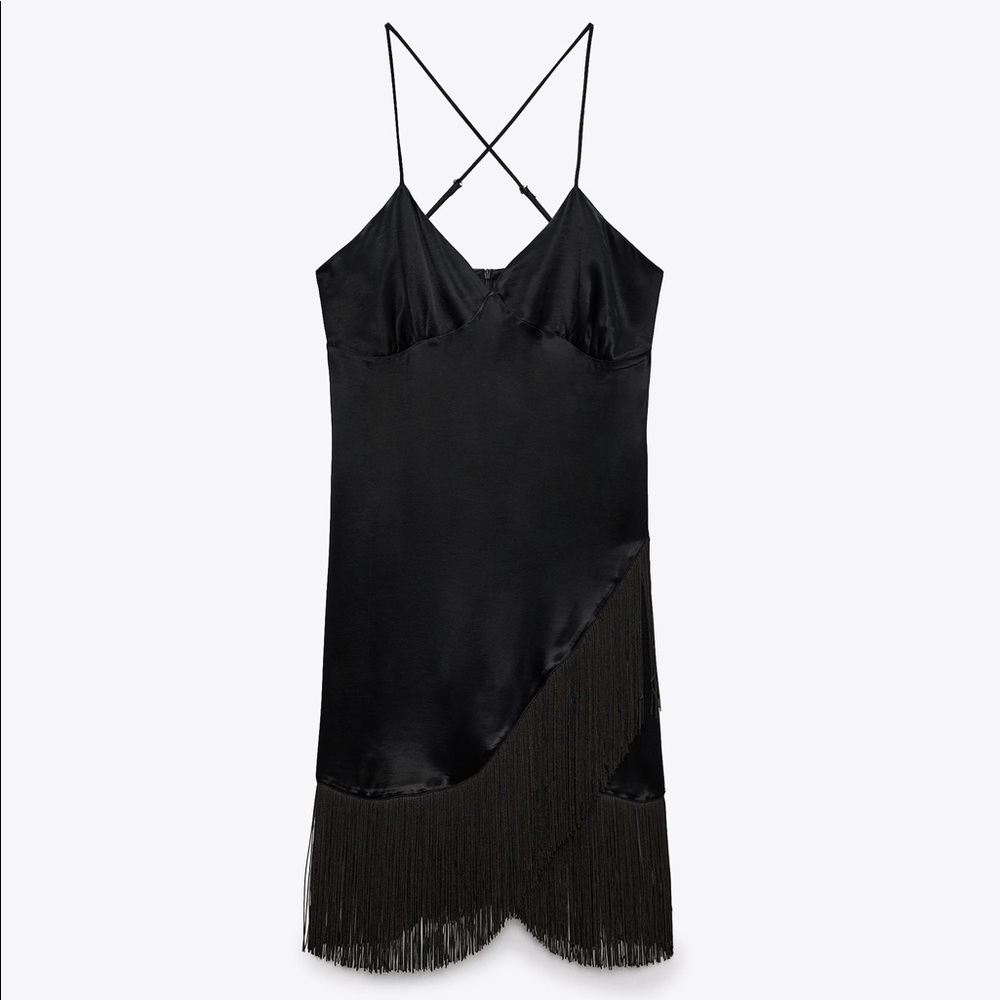 NWT. Zara Black Fringed Slip Casual Mini Dress. Size L.